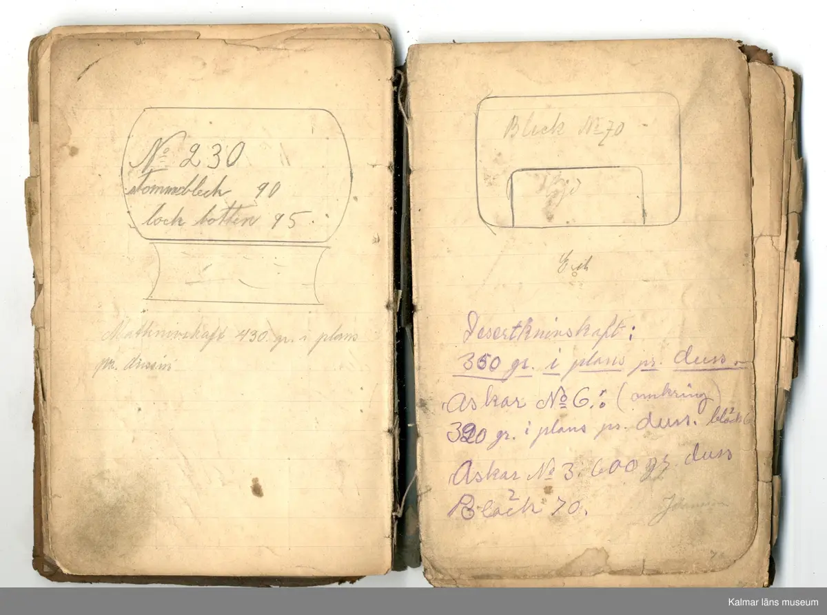 KLM 46368:1. Bok, modellbok. Band av kartong klätt med brunt läder. På bokens förstasida: Modell-bok hos J.G. Hentzell Kalmar. Fabrik för Guld, Silfver och Nysilvfer samt ett register över bokens innehåll. Boken innehåller handritade modellritningar i blyerts och bläck av bl.a. broscher, armband, klockkedjor och skedar. I boken även diverse lösa blad och lappar med ytterligare ritningar och anteckningar.