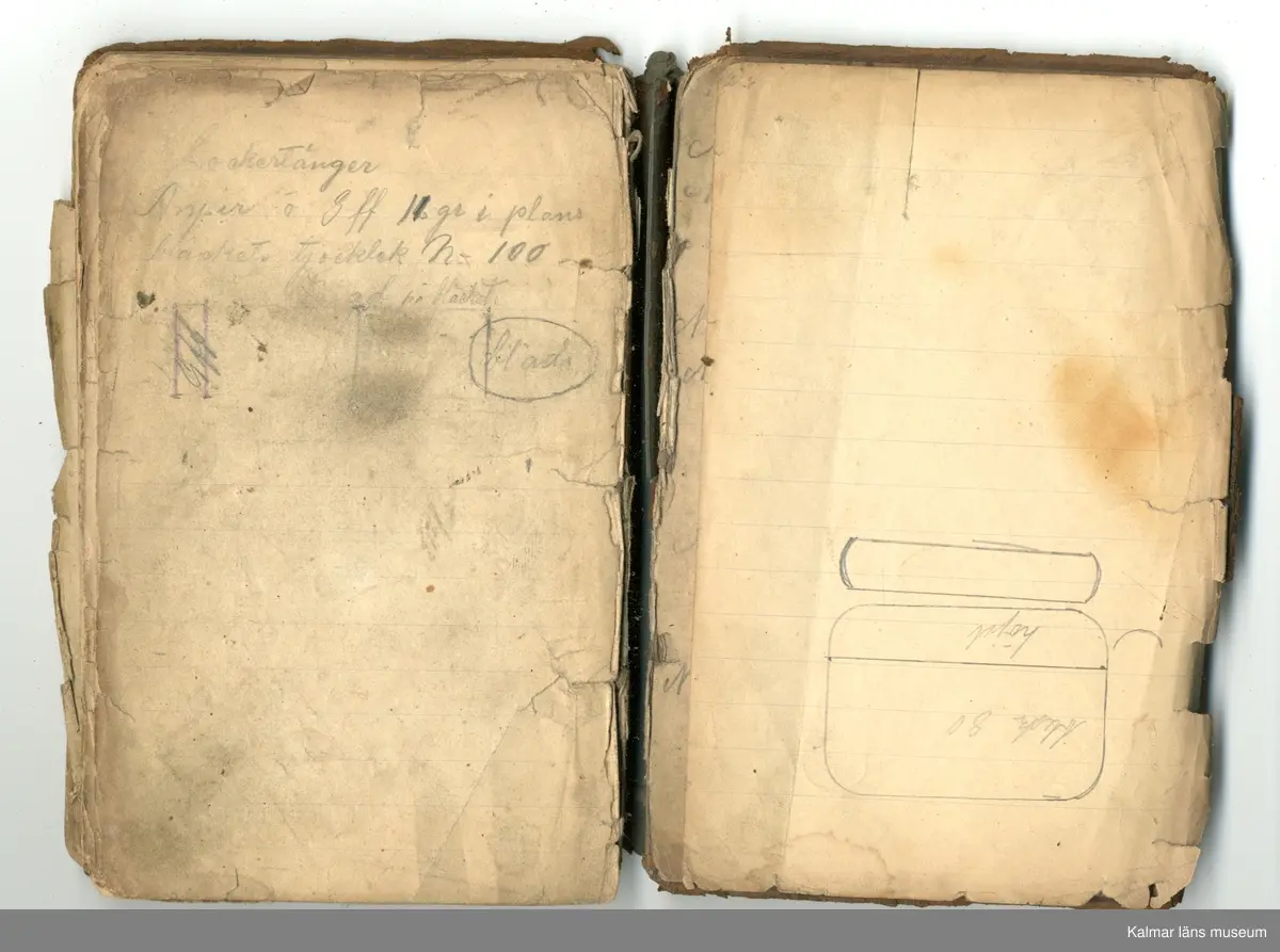 KLM 46368:1. Bok, modellbok. Band av kartong klätt med brunt läder. På bokens förstasida: Modell-bok hos J.G. Hentzell Kalmar. Fabrik för Guld, Silfver och Nysilvfer samt ett register över bokens innehåll. Boken innehåller handritade modellritningar i blyerts och bläck av bl.a. broscher, armband, klockkedjor och skedar. I boken även diverse lösa blad och lappar med ytterligare ritningar och anteckningar.