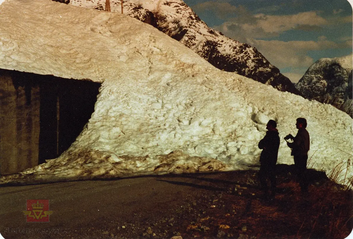 Synfaring snøskredfarleg område langs Oppstrynsvatnet på fylkesveg 722 mellom Sunde og Flo år 1987.

Snøskredet har gått over Sætra skredoverbygg (93 meter lang). På vegen står frå venstre tidlegare vegsjef Rasmus Gudbrand Værn og oppsynsmann Sigmund Hagen.