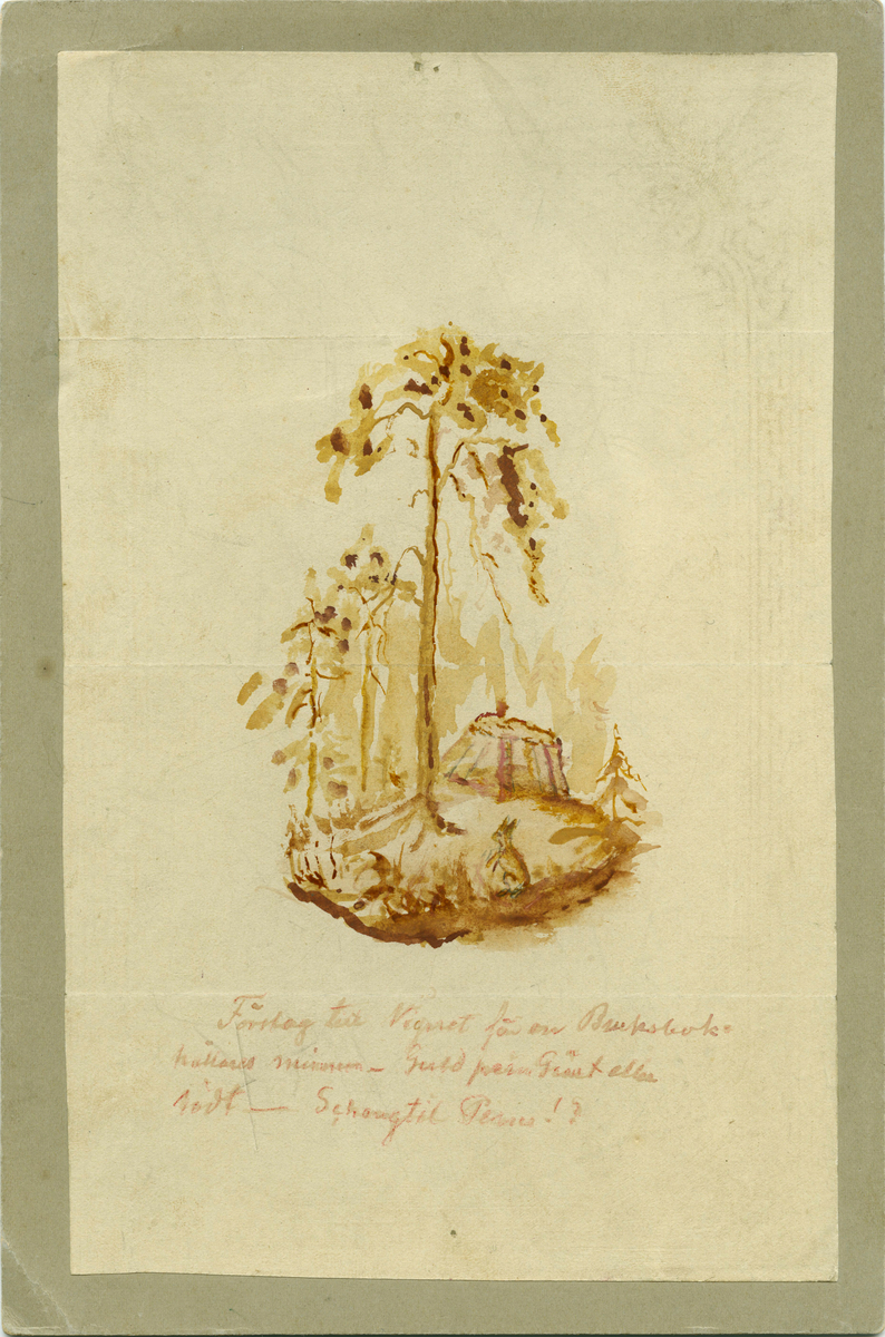 Naturmotiv med centralt placerad tall, kolmila i bakgrunden och en hare i förgrunden. Ovalt stående format. Tänkt som vinjett till en av författaren Gustaf Schröders böcker. 
Under motivet står "Förslag till vignett för en Bruksbokshållares minnen - Guld perm Grönt eller rödt - Schangtil P[...]!?"
Under motivet står "