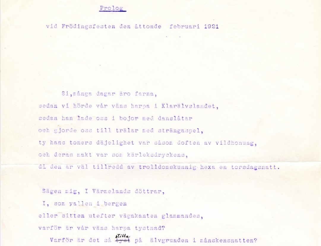Maskinskriven text med handskriven korrektur. 21 verser på rim. Handskriven signatur på sista sidan.