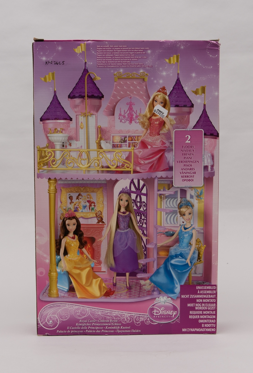 Et barbieslott av merket Disney Princess. Selve slottet/huset er rosa. Flere løse deler: komfyr, vask, lenestol, stol, dusjstang, fire vimpler til spirene, pai/kake, drikkebeger, stekepanne, hjertepute (alt dette i farget plast). Gulvene og bakvegger i papp med farget motiv.