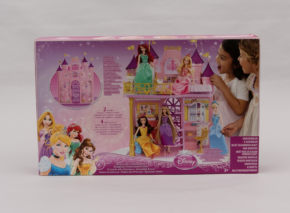 Et barbieslott av merket Disney Princess. Selve slottet/huset er rosa. Flere løse deler: komfyr, vask, lenestol, stol, dusjstang, fire vimpler til spirene, pai/kake, drikkebeger, stekepanne, hjertepute (alt dette i farget plast). Gulvene og bakvegger i papp med farget motiv.