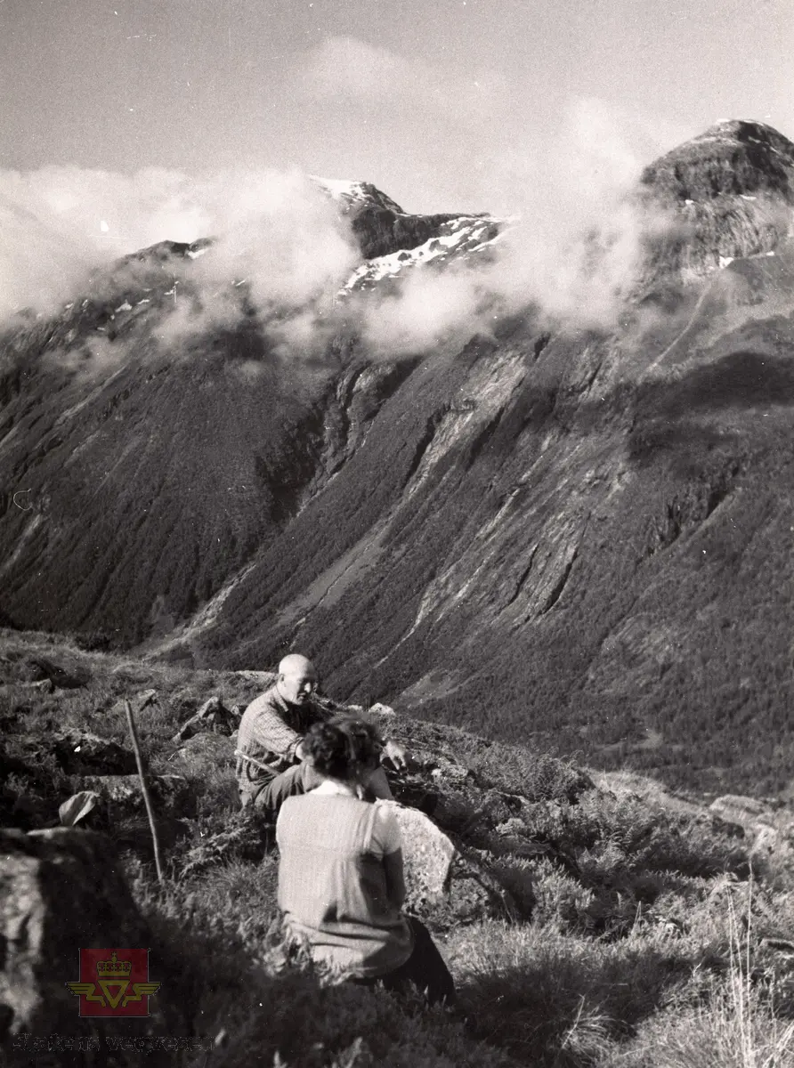 Anton Frøysland, handelsmann og ivrig fotograf, guider tyske turistar på veg til fjellet Melsnipa (1547 meter over havet) ein gong på slutten av 1950-talet. Utsyn mor vest.