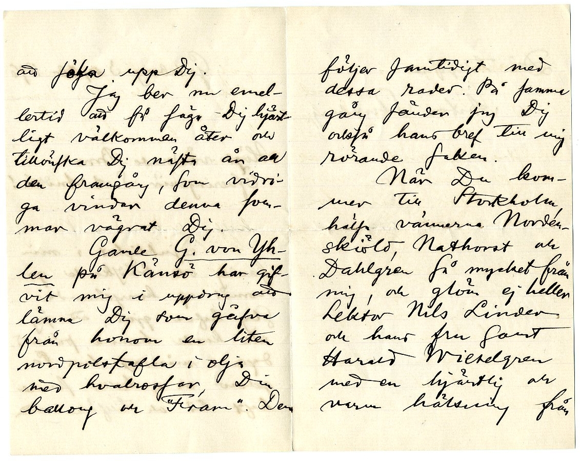 Dubbel ark med kuvert:

"Göteborg 3 sept 1896
Högt värderade Bror Öfveringeniör S A Andrée!
Sjuklighet i min familj och brådskande göromål af hvarjehanda slag hafva gjort, att jag icke kunde komma på middagen i måndags hos Pegelow och ej heller senare haft tid och tillfälle att söka upp dig.
Jag ber nu emellertid att få säga dig hjärtligt välkommen åter och tillönska  dig nästa år all den framgång, som vidriga vindar denna sommar vägrat dig. 
Gamle G von Yhlen på Känsö ha gifvit mig i uppdrag att lämna dig som gåfva från honom en liten nordpolstafla i olja med hvalrossar, din ballong och 'Fram'. Den följer samtidigt med dessa rader. På samma gång sänder jag dig också hans bref till mig rörande saken.
Nör du kommer till Stockholm hälsa vännerna Nordenskiöld, Nathorst och Dahlgren så mycket från mig, och glöm ej heller lektor Nils Linder och hans fru samt Harald Wieselgren med en hjärtlig och varm hälsning från Din tillgifne Anton Stuxberg."