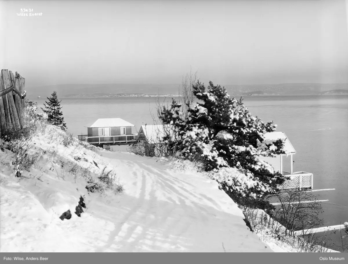 strand, badehus, fjord, snø