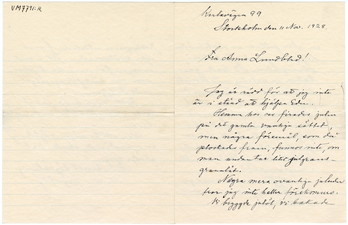 Brevsamling från skilda personer i Värmland rörande gamla julseder.
:7 Selma Lagerlöf, Stockholm 11/11 1928. Till Anna Lundblad.