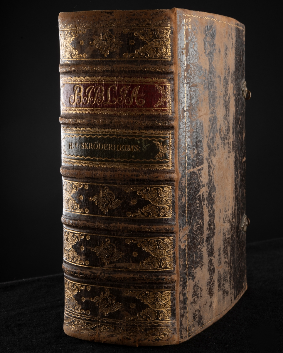 Helt skinnband med guldpressingar och knäppen. Röd och grön titelskylt. Personhistoriska anteckningar. Sprucken pärmplatta, baksidan.