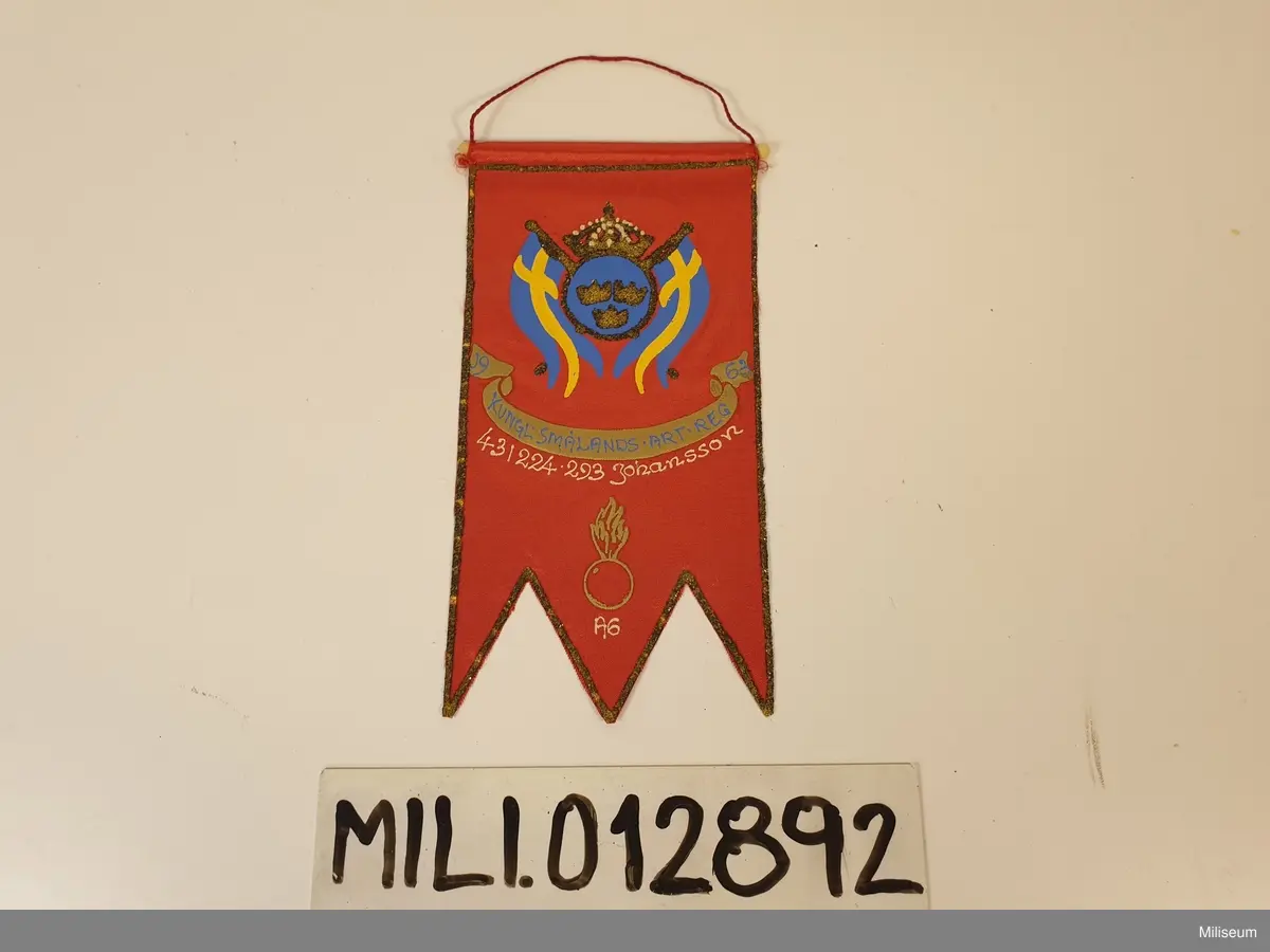 Muckarvimpel "Kungl. Smålands artilleriregemente 1963 431224-293 Johansson A6"
