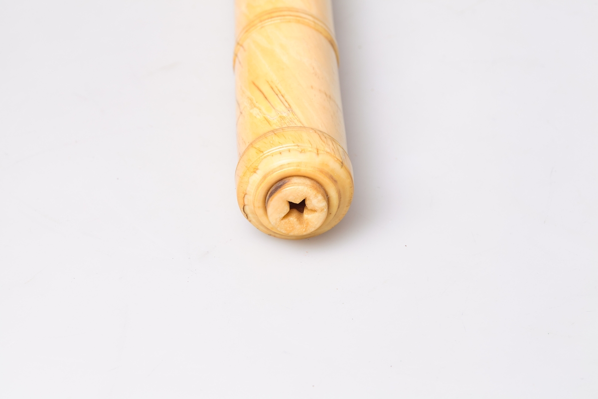 Redskapet består av en dreiet sylinder med en profil midt på og i øverste enden er lokket som er skrudd utenpå. Her er hull for stempel som består av en beinstav med avrundet skive på toppen, under denne en smal sølvring. I den andre enden er stempelet av samme stoff som staven, spruthullet har form som en femoddet stjerne. Gjenstanden er tung og massiv.
