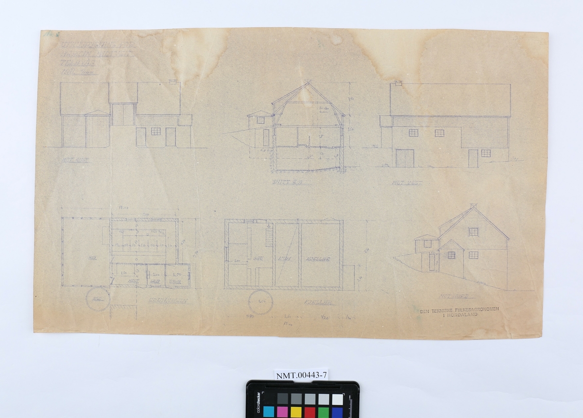 Kopiar av arkitektteikningar av våningshus, sjøhus og uthus. Dei viser fasade- og planteikningar.