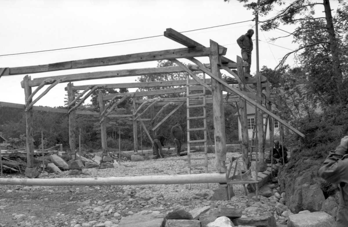 Dokumentasjonsbilder i serie fra oppføringa av åttringnaustet fra Holmeset, Grytestranda.