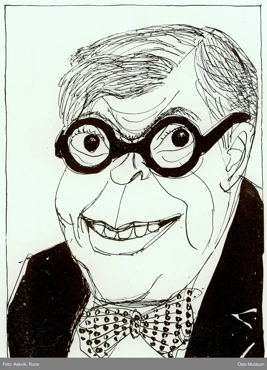 karikatur, mann, brystbilde, briller, sløyfe