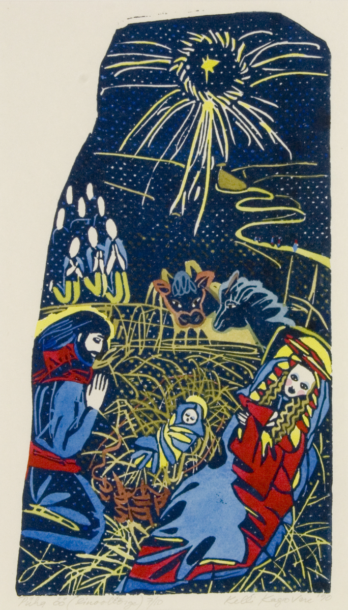 Jesusbarnet i høyet, med mor og far og hest og okse og 3 + 5 tilbedere og stjernen over.