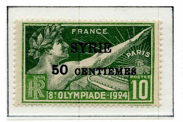 Åtte frimerker fra Sommer-OL i Paris i 1924 montert på en albumside. Det er fire ulike frimerker - to av hvert motiv og farge. Frimerkene er alle stemplet SYRIE og en annen verdi enn den som er angitt på frimerket.