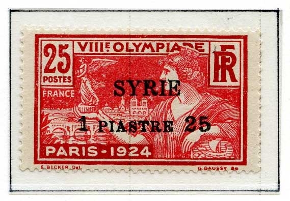 Åtte frimerker fra Sommer-OL i Paris i 1924 montert på en albumside. Det er fire ulike frimerker - to av hvert motiv og farge. Frimerkene er alle stemplet SYRIE og en annen verdi enn den som er angitt på frimerket.