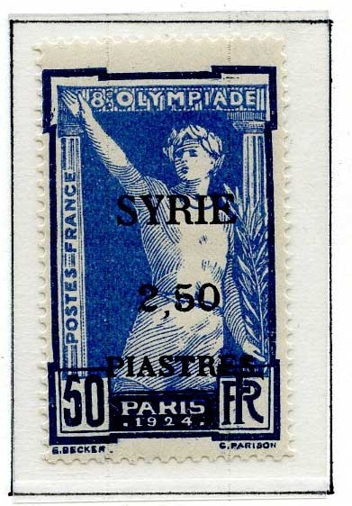 Åtte frimerker fra Sommer-OL i Paris i 1924 montert på en albumside. Det er fire ulike frimerker - to av hvert motiv og farge. Frimerkene er alle stemplet SYRIE og en annen verdi enn den som er angitt på frimerket.