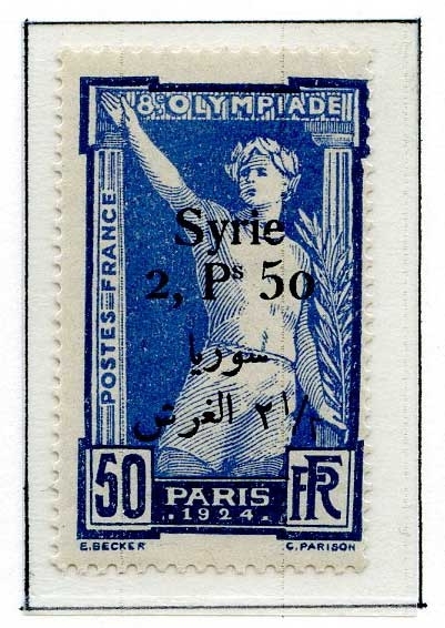 Åtte frimerker fra Sommer-OL i Paris i 1924 montert på en albumside. Det er fire ulike frimerker - to av hvert motiv og farge. Frimerkene er alle stemplet SYRIE og en annen verdi enn den som er angitt på frimerket.