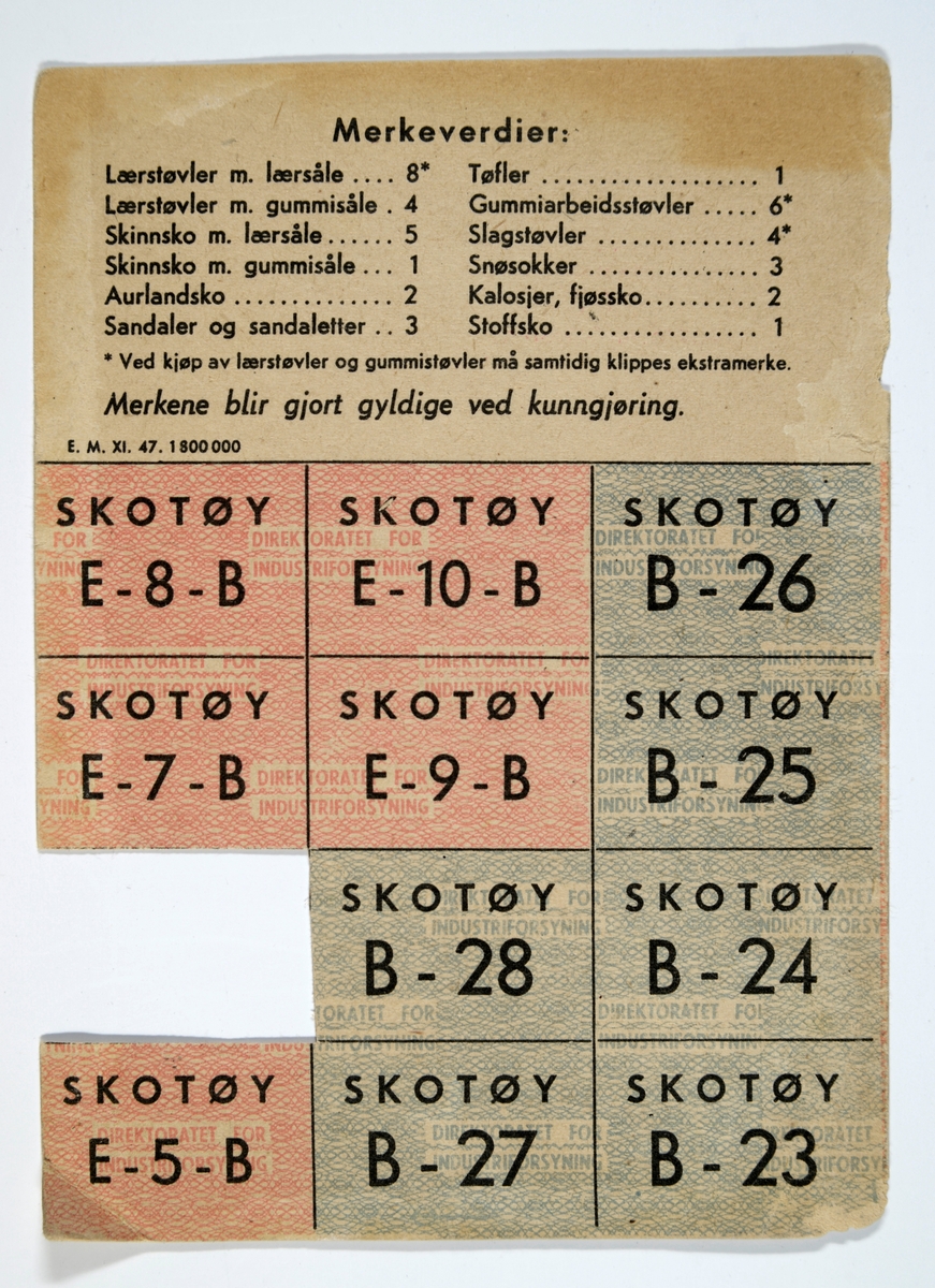 6 rasjoneringskort fra 1952/1953. De er alle laget av tynn papp og de varierer i størrelse. Det er påtrykt informasjon om hvilket departement som har utstedt dem, hvile varer det gjelder og hvilke forbrukergrupper det gjelder. For detaljer se "Påført tekst/merker". På kortene er det merker som kan klippes av og brukes. De fleste er merket med koder, eksempelvis "Gr.II G13", "H 3", "M 40" og så videre. Det er brukt av alle kortene ( i varierende grad). 
01: Skotøykort for voksne
02: Matvarer (blant annet sukker)
03: Ekstrakort
04: Ekstrakort (kaffe)
05: Ekstrakort (kakao, kokesjokolade)
06: Ekstrakort (tekstilvarer og skotøy m.v. Piker 14-18 år)