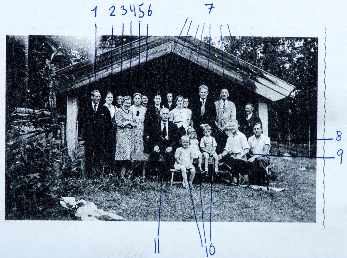 Samling på Sætra Gaukerud på starten av 1940-tallet. 
1: Mikkel Rønningstad, 2: Emilie Pålshaugen, 3: Lilian Søhagen, 4: Olaug Ødegård, 5: ukjent, 6: Ragnhild Flagstad, 7: alle 7  ukjente, 8: Torbjørn Pålshaugen, 9: Erling Møstad, 10: 3 ukjente barn, 11: Anton Pålshaugen.
Se illustrasjon 2 for nummerrering.