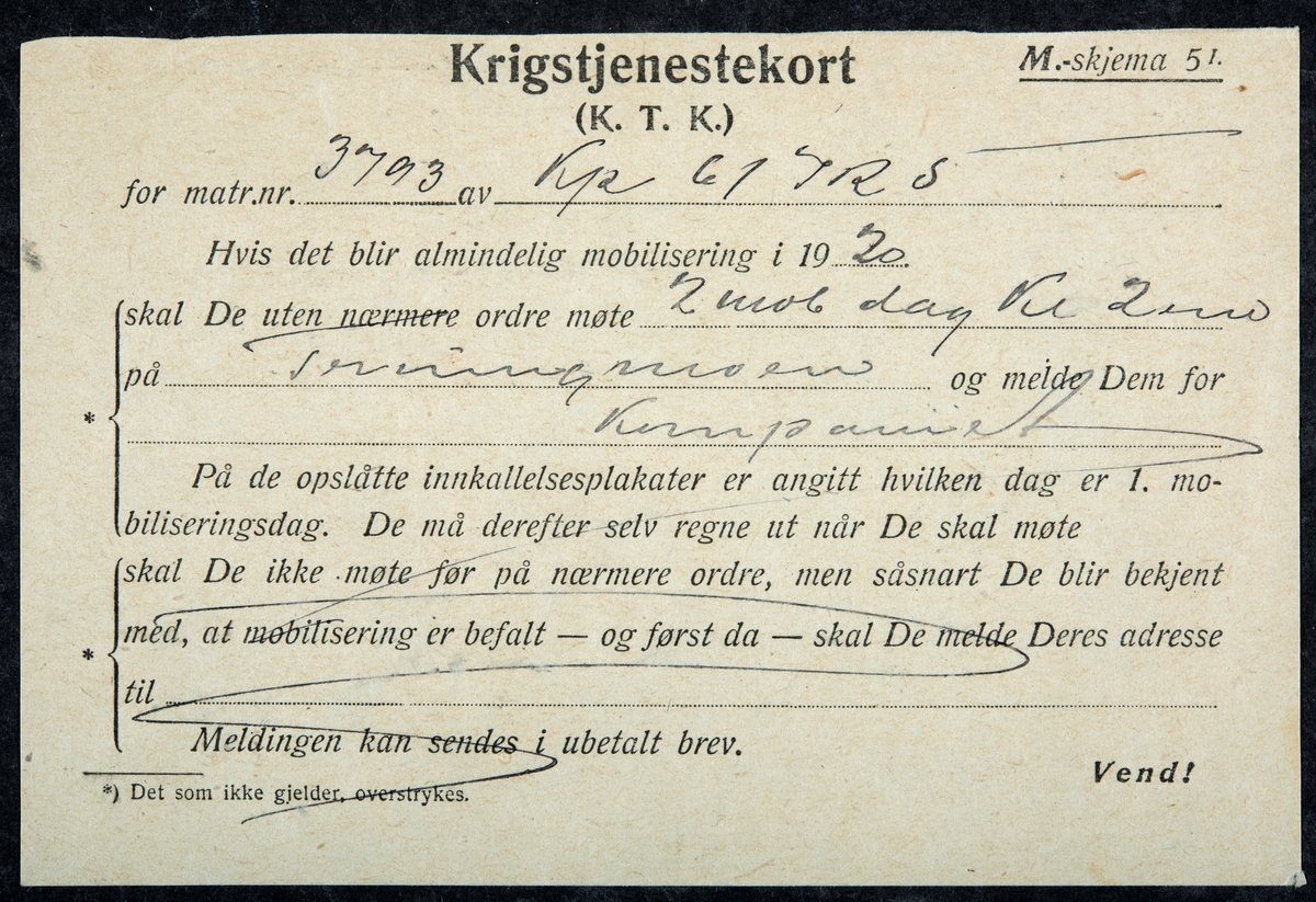 Krigstjenestekort, for mobiliseringen i 1920. Flagstad Gård, Løten. 