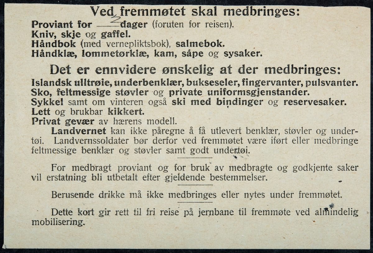 Krigstjenestekort, for mobiliseringen i 1920. Flagstad Gård, Løten. 