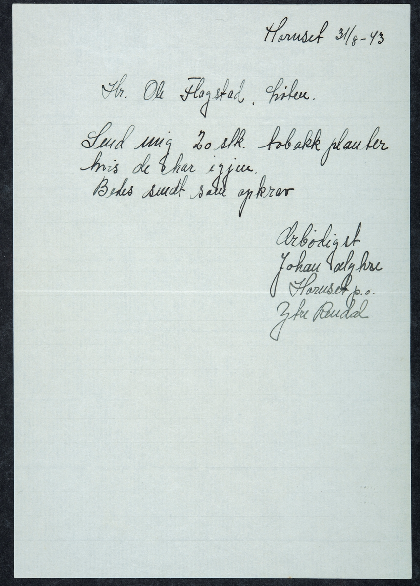 Gårdbruker Ole Flagstad,  drev med salg av tobakksblader under krigen. Bestillings brev. Bestilling av tobakk, tobakksblader, tobakksplanter. Løten 1943-1944. 