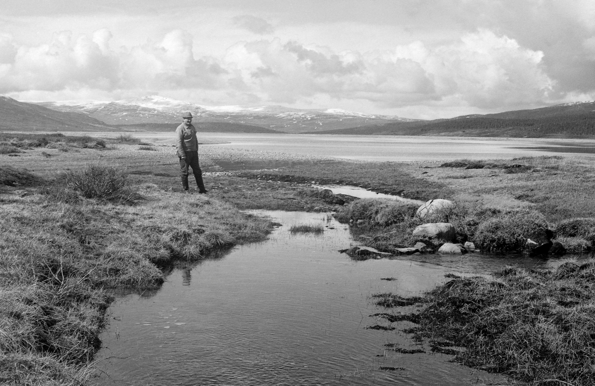 Simen Bjørgen fra Garmo i Lom viser en "sleoplass", et sted man hadde en sløe (faststående fiskeinnretning) ved "Nordre åi" i elva Smådøla nær innsjøen Tesse i Jotunheimen, Lom, Oppland.