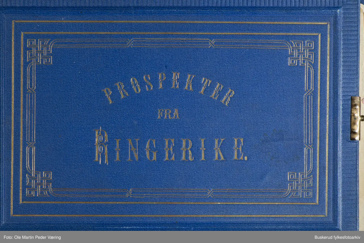 Prospekter fra Ringrike. En bildefolder med bilder fra Hole og Ringerike kommuner. 8 landskapsbilder i albumin md tekst