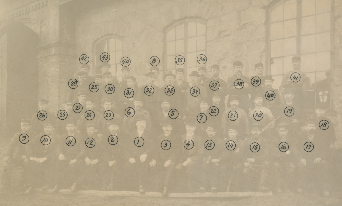Personalen omkr 1900.
Borås Mekaniska Verkstad.

1. Ing. Birger Strömqvist
2. Ing. August Lager
3. Ing. Edv. Bengtsson
4. Bokh. Justus Bäck
5. Verkmästare Olofsson
6. Plåtslageriförman O.A. Johansson
7. Snickeriförman Lars Hedberg
8.
9. Axelsson, svarv
10. Charles Hallberg, fil
11. Axel Johansson, fräs
12. Tobias Karlqvist, svarv
13.
14. C.N. Andersson, fil
15. L.J. Borg, fil
16. August Hagberg, fil
17. Martin Sandén, fil
18. Enok Borg, svarv
19. Oscar Sjöberg, fil
20. F.J. Stenholm, förrådsförv.
21. Frans Bergqvist, gäng
22. Anders Andersson, svarv
23. Alexius Sjögren, svarv
24. Alfred Ström, svarv
25. Hadar Johansson, kärnmak
26. Eric Strömberg, gjut
27. Ernst Stark, svarv
28. Fritiof Lundqvist, hyvel
29. Viktor Wennergren, svarv
30. Karl Johansson, svarv
31. Karl Hedberg, snickare
32. Oskar Ljungqvist, "
33. Anders Andersson, "
34. Albin Svanteson, "
35.
36. Johan Samuelsson, plåtslag.
37. Mårtenson, "
38. Johan Gustafsson, snickare
39. Svensson
40. Skog, borrare
41. Thor Börjesson
42. Gunnarson, plåtslag.
43. Karl Lundqvist, "
44. Axel Högberg, körare