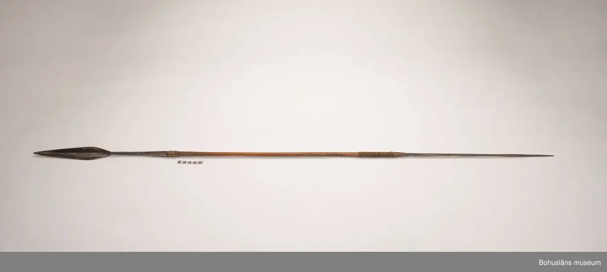 Ur handskrivna katalogen 1957-1958:
Jaktspjut; Afrika
L. 202,5 cm; i ena ändan järnblad, i andra pik av järn; träskaft; delvis lindat m. mässing. Helt.

Lappkatalog: 9