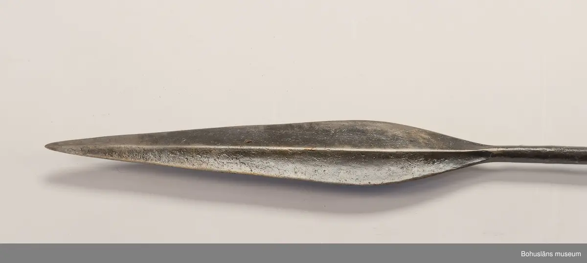 Ur handskrivna katalogen 1957-1958:
Jaktspjut; Afrika
L. 202,5 cm; i ena ändan järnblad, i andra pik av järn; träskaft; delvis lindat m. mässing. Helt.

Lappkatalog: 9