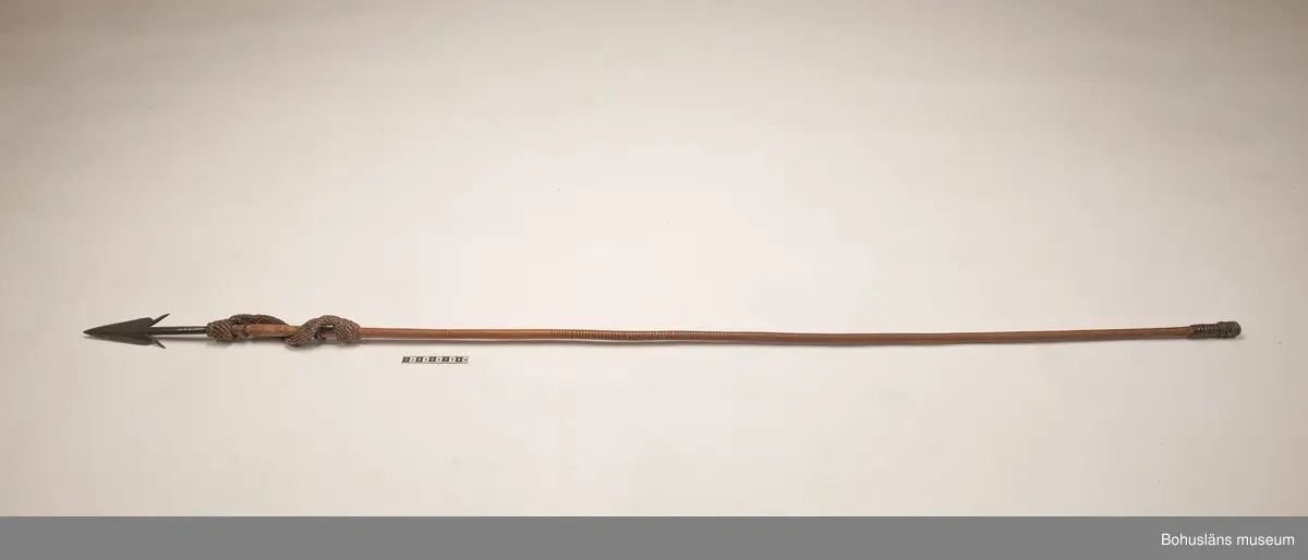 Kontinent: Afrika.

Ur lappkatalogen:
Harpun, l. 179 cm. Järnspets, l. 26,5 cm, försedd med två hullingar o. fästad vid skaftet med grovt, flätat rep. Träskaft ornerat med inskuren imitation av surrade mässingsband. Bakändan virad med järntråd.

Uppgifter om E. Göransson i Knut Adrian Anderssons katalog samt historik om samlingen: Se UM61.3.1.
