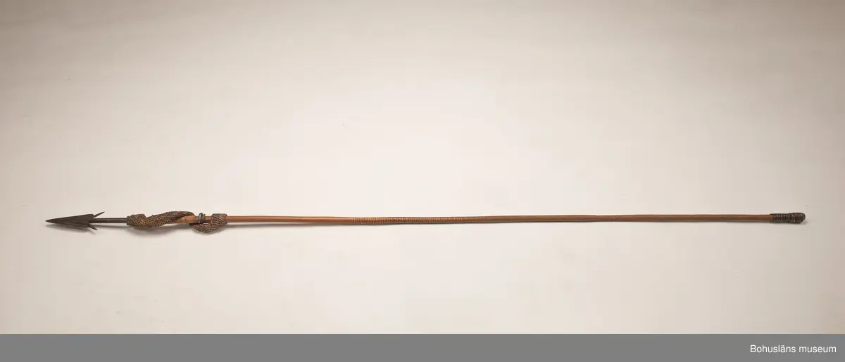 Kontinent: Afrika.

Ur lappkatalogen:
Harpun, l. 179 cm. Järnspets, l. 26,5 cm, försedd med två hullingar o. fästad vid skaftet med grovt, flätat rep. Träskaft ornerat med inskuren imitation av surrade mässingsband. Bakändan virad med järntråd.

Uppgifter om E. Göransson i Knut Adrian Anderssons katalog samt historik om samlingen: Se UM61.3.1.