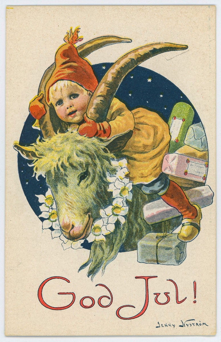 Julkort med motiv av liten tomtenisse med med julklappar ridandes på en bock. Under bilden finns texten " God Jul!".
Illustratören är Jenny Nyström ( 1858- 1946), en känd svensk konstnär och tecknare.

Vykortet är skrivet och adresserat men saknar både frimärke och poststämpel.
Förlag: Axel Eliassons konstförlag, Stockholm (No. 9759).