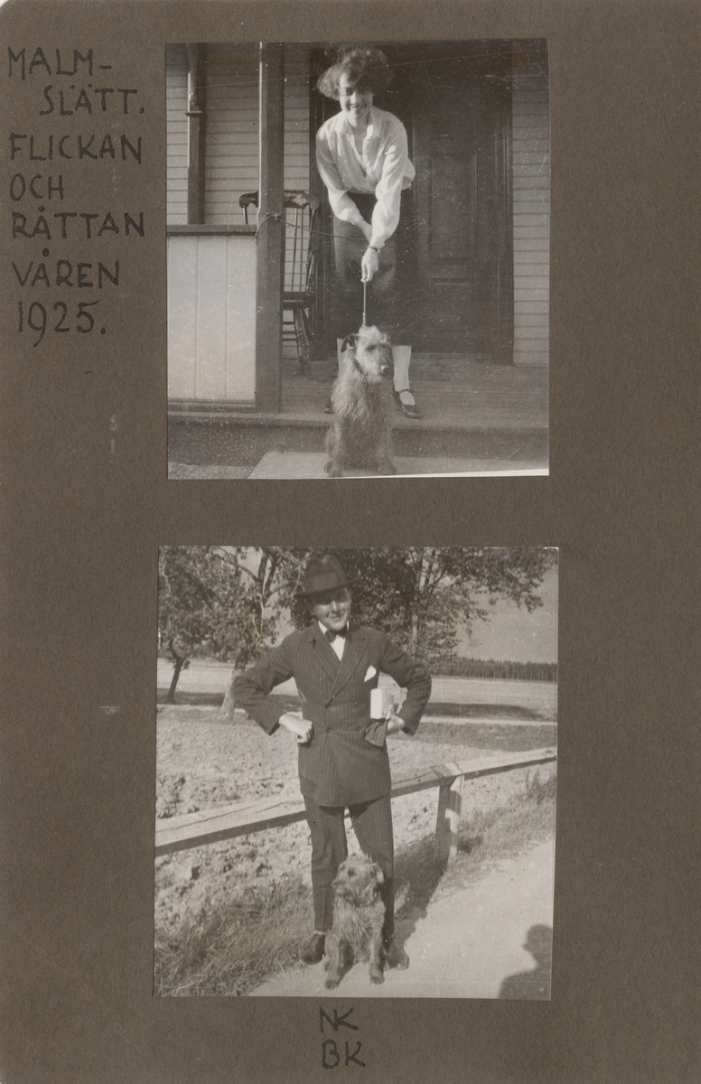 Porträttfoto av Anna Linderstam och en hund vid en trappa i Malmslätt, 1925.

Text vid foto: "Malmslätt. Flickan och Råttan våren 1925."