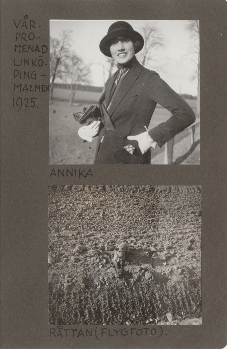 Porträttfoto av Anna Linderstam i hatt och rock, 1925.

Text vid foto: "Vårpromenad Linköping-Malmen 1925. Annika"
