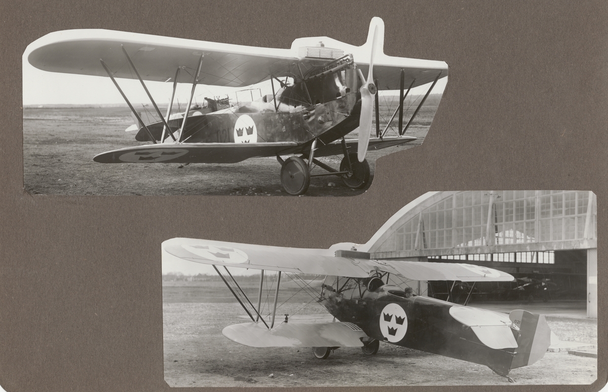 Flygplan Ö 4 FVM Phönix C.I Dront nr 021 står på flygfältet på F 5 i Ljungbyhed. Hangar i bakgrunden.
