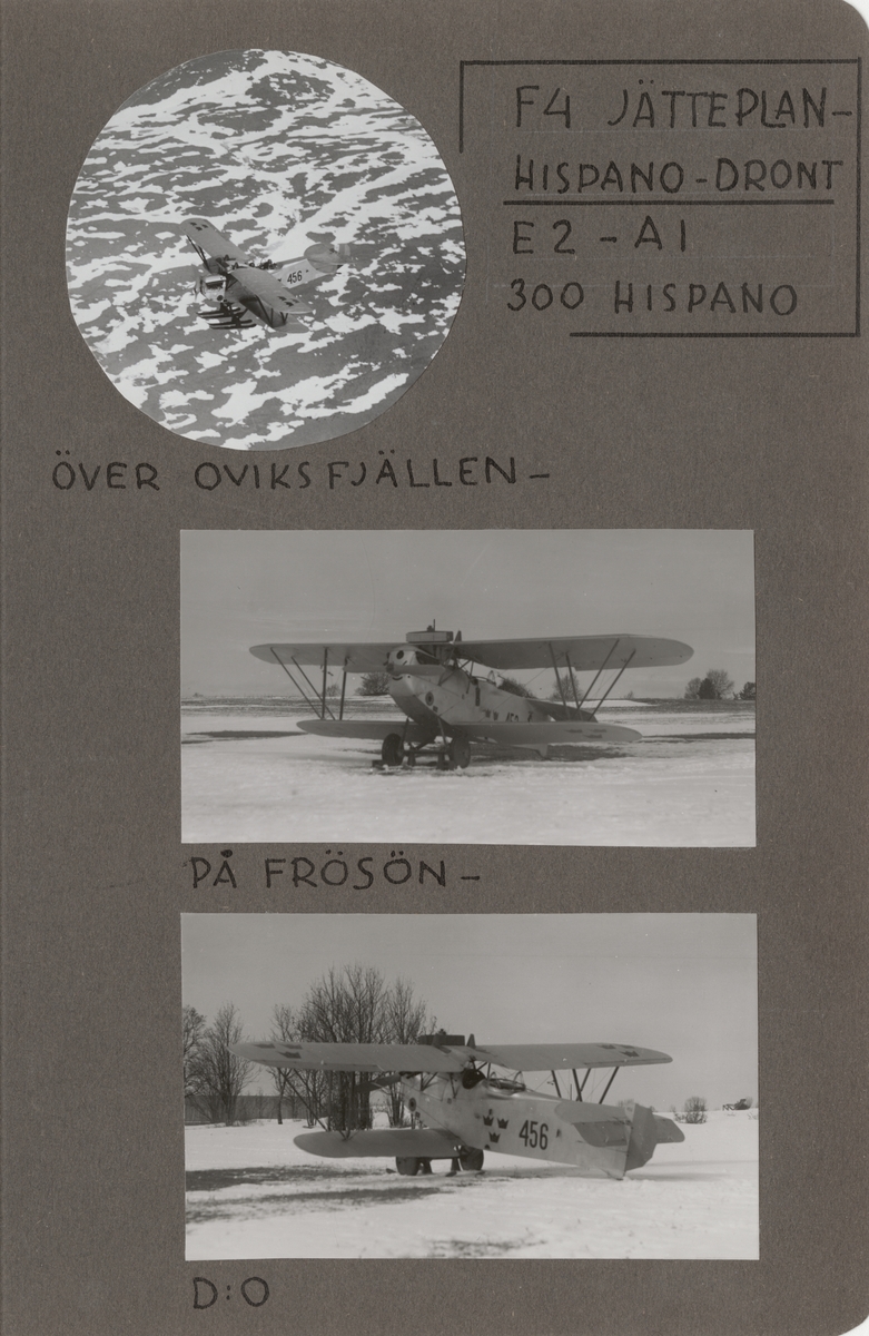 Flygplan A 1 Phönix E.2 Dront märkt nr 456 flyger över fjäll, 1928-1929. Vy ovanifrån.

Text vid foto: "'F 4 Jätteplan-Hispano-Dront E 2 - A 1 300 Hispano. Över Oviksfjällen"