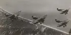 Fyra flygplan Phönix Dront flyger längs kust, 1925. Flygbild uppifrån.

Text vid foto: 