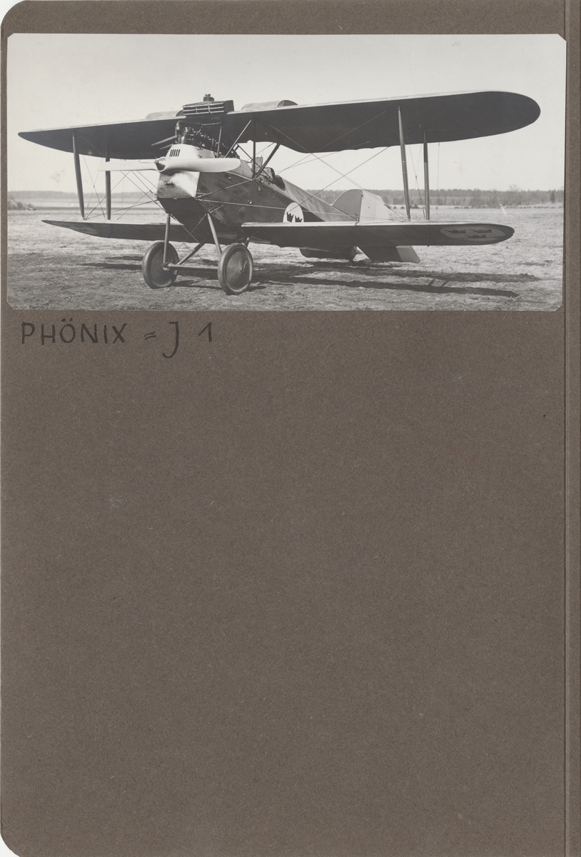 Flygplan J 1 Phönix Dront står på flygfältet på Malmen, cirka 1926-1932. Vy snett framifrån.

Text vid foto: "Phönix - J 1."