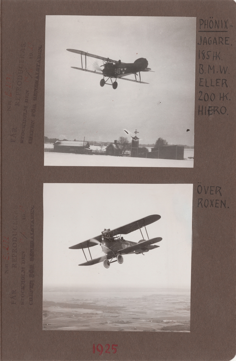 Flygplan Phönix D.II Phönixjagaren märkt nummer 949 flyger över landskap, 1925. Flygbild med sjön Roxen i bakgrunden.

Text vid foto: "Phönixjagare. 185 HK. B.M.W. eller 200 HK Hiero. Över Roxen. 1925."