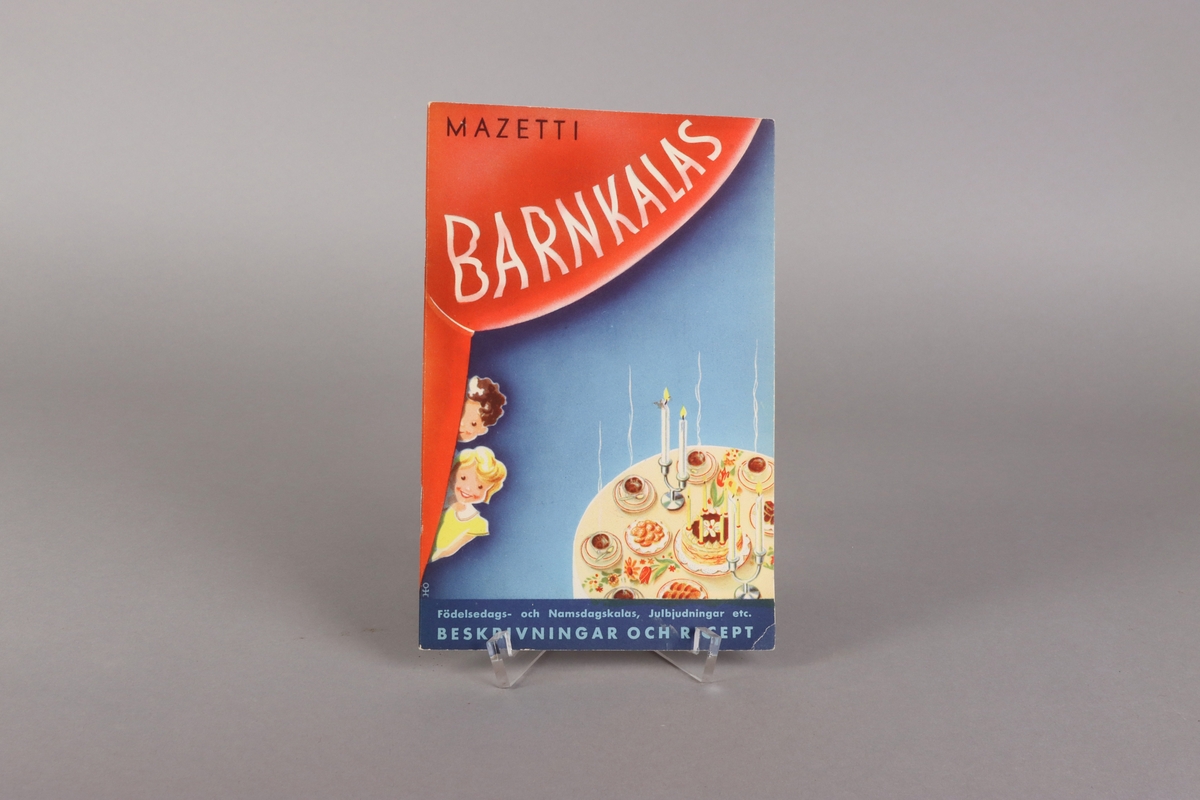 Black and white illustrated promotional booklet titled “ Barnkalas “ issued by Mazetti Chokladfabrik Malmö late 1930´s, 31 pages. Front and back cover with color illustrations. 
The front showing a table set for a birthday party, with two children and the back an advertisement for cocao powder. Inside the booklet a complete list and description, on how to organize a children´s party, how to set the table and what to serve.
