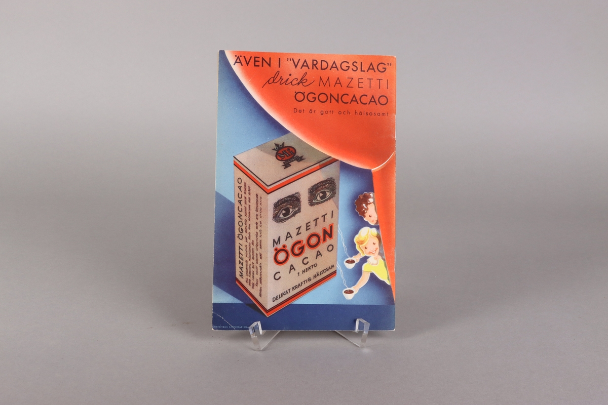 Black and white illustrated promotional booklet titled “ Barnkalas “ issued by Mazetti Chokladfabrik Malmö late 1930´s, 31 pages. Front and back cover with color illustrations. 
The front showing a table set for a birthday party, with two children and the back an advertisement for cocao powder. Inside the booklet a complete list and description, on how to organize a children´s party, how to set the table and what to serve.