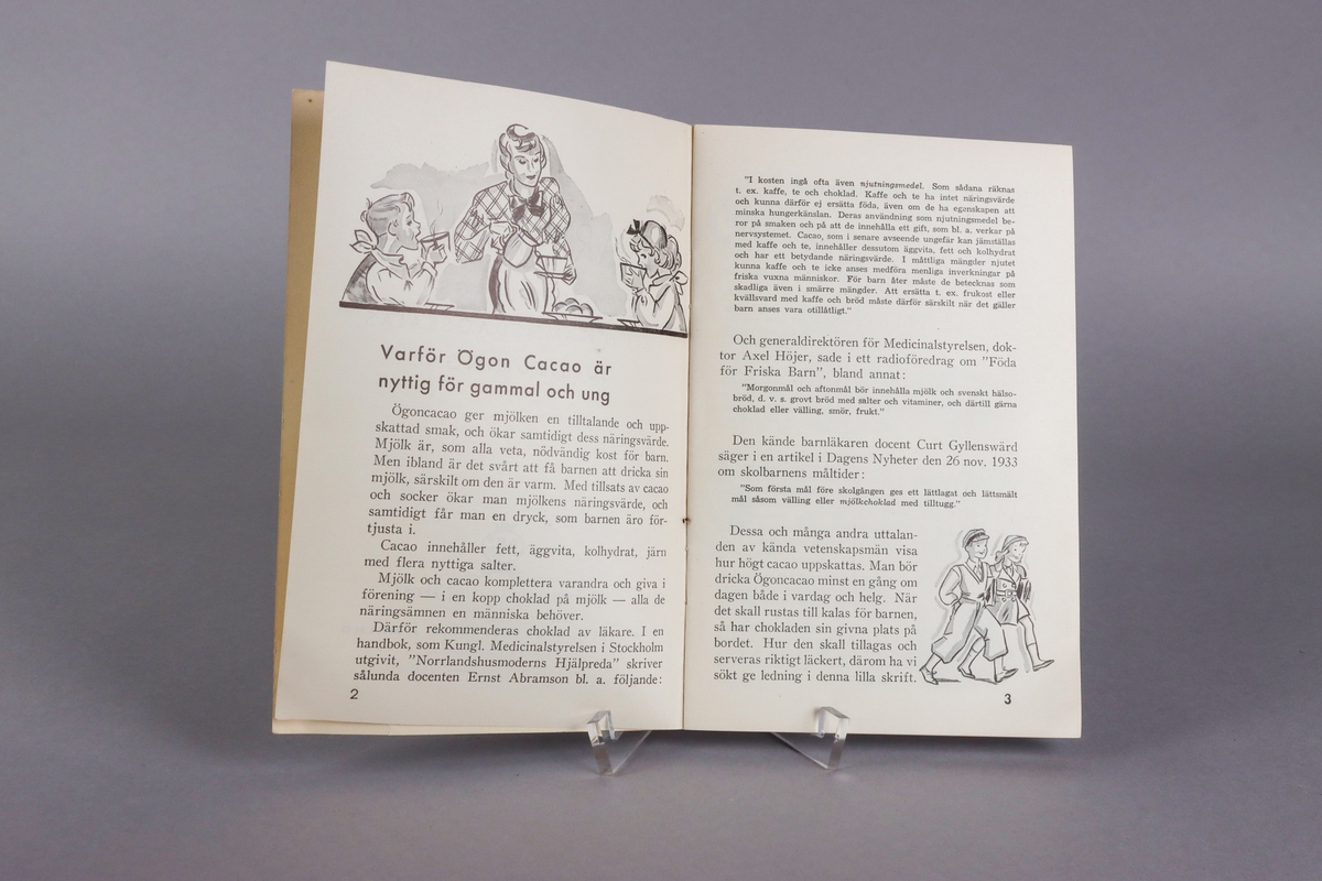 Black and white illustrated promotional booklet titled “ Barnkalas “ issued by Mazetti Chokladfabrik Malmö late 1930´s, 31 pages. Front and back cover with color illustrations. 
The front showing a table set for a birthday party, with two children and the back an advertisement for cocao powder. Inside the booklet a complete list and description, on how to organize a children´s party, how to set the table and what to serve.