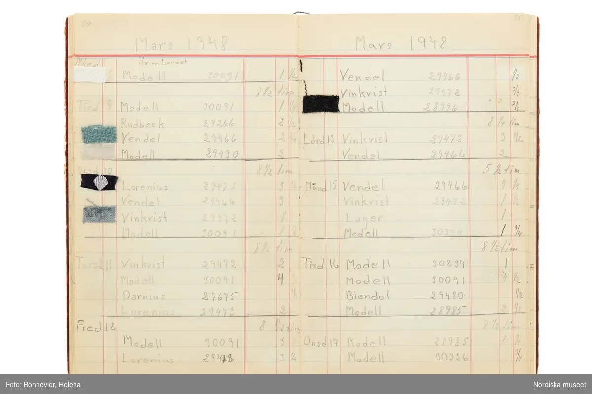 Tidbok som sträcker sig från 1947 till 1949, har tillhört sömmerskan Maj-Britt Karlsson (Hemlin) på NK:s Franska damskrädderi.  Här kan  utläsas kundernas namn, arbetstimmar samt materialangivelser.