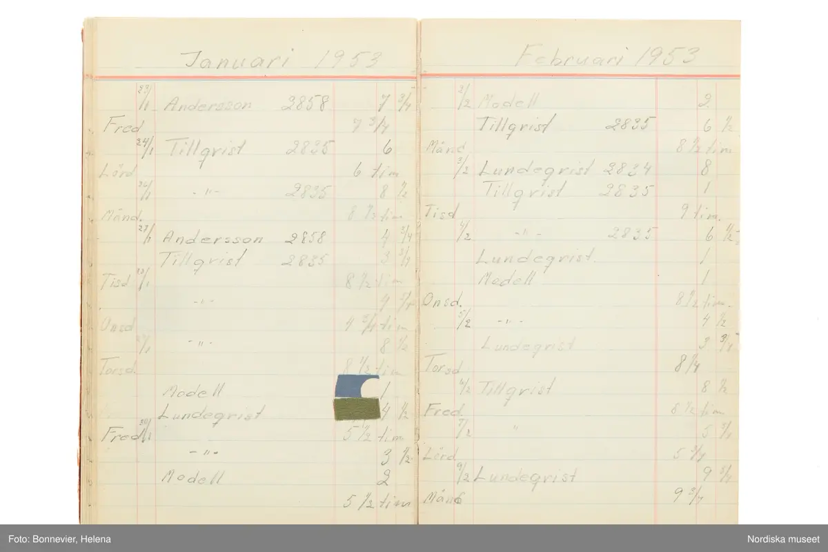 Tidbok som sträcker sig från 1949 till 1954, har tillhört sömmerskan Maj-Britt Karlsson (Hemlin) på NK:s Franska damskrädderi.  Här kan  utläsas kundernas namn, arbetstimmar samt materialangivelser.