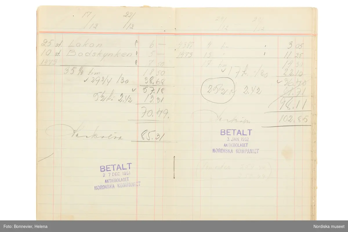 Avlöningsbok (tidbok) som sträcker sig från 1951 till 1955, har tillhört sömmerskan Maj-Britt Holmström på NK:s Franska damskrädderi.