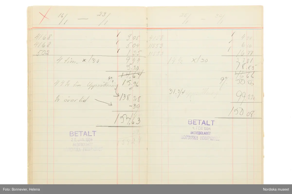 Avlöningsbok (tidbok) som sträcker sig från 1951 till 1955, har tillhört sömmerskan Maj-Britt Holmström på NK:s Franska damskrädderi.