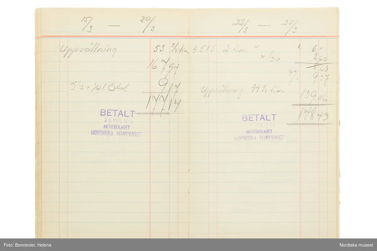 Avlöningsbok (tidbok) som sträcker sig från 1951 till 1955, har tillhört sömmerskan Maj-Britt Holmström på NK:s Franska damskrädderi.